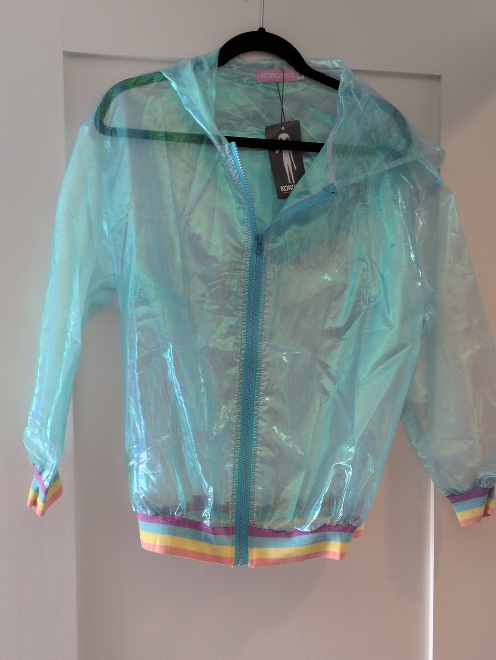 Iridescent Aqua Hooded Jacket with Rainbow Trim